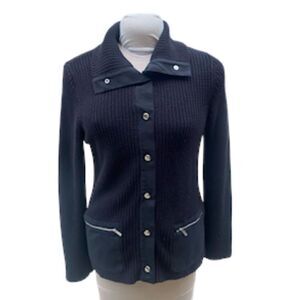 Jones New York Sport Cardigan Black Snap Front Zip Pockets Sz. L